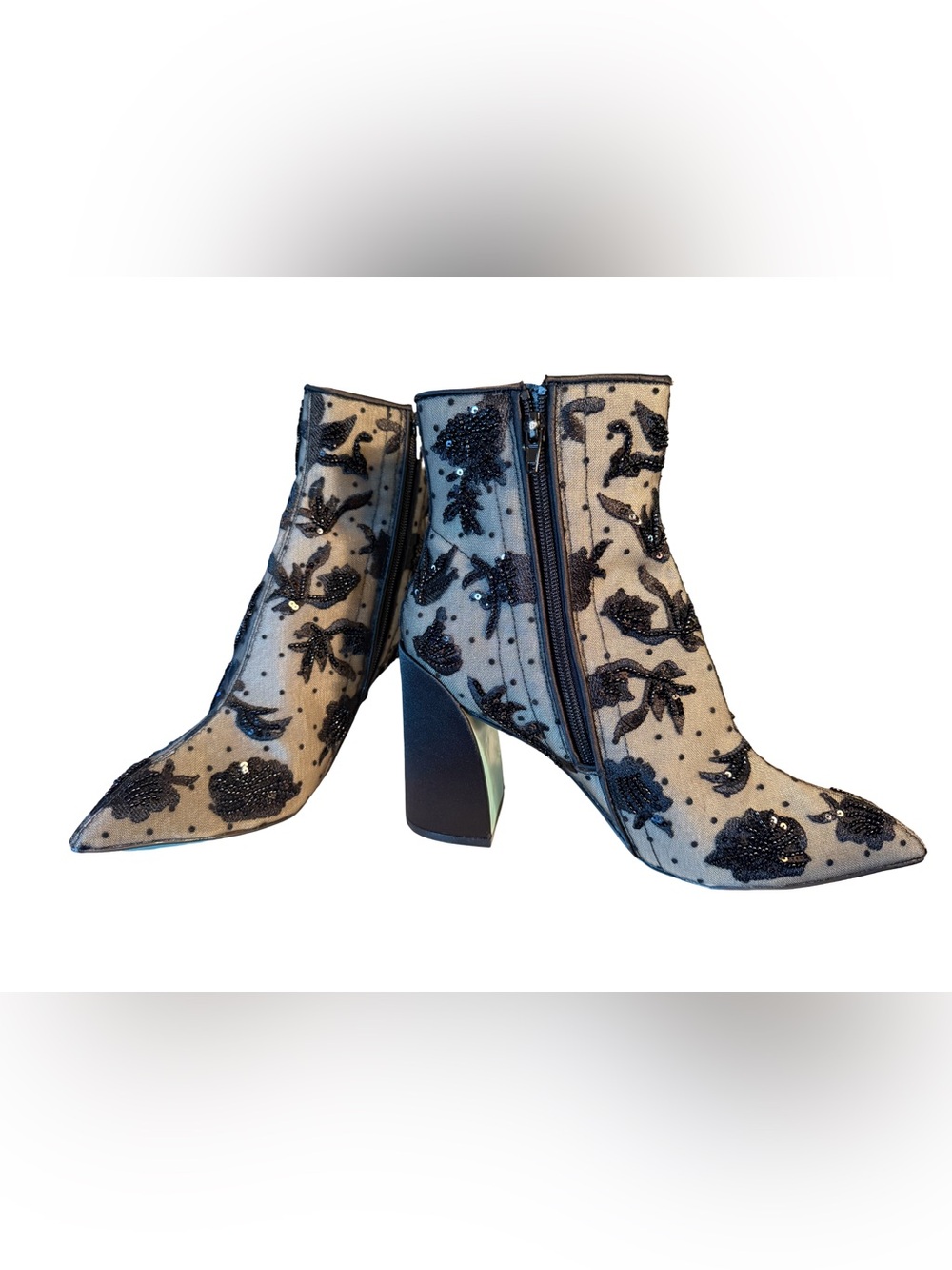 Betsey Johnson Black Beaded Floral Mesh Ankle Boots - Picture 4 of 10